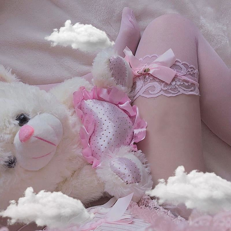 Sheer Babygirl Bow Stockings - Pink With - bows, nylons, panty hose, pantyhose, ribbons
