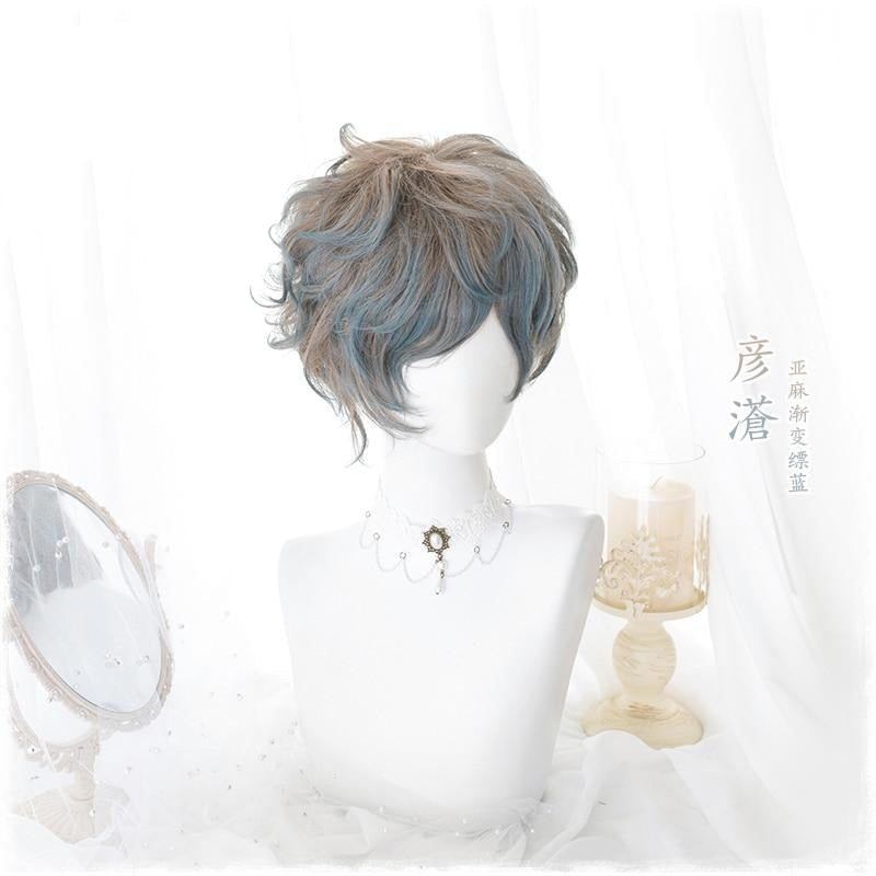 Short Pastel Blue Ombre Brown Cosplay Lolita Wig Kawaii Fashion Harajuku Androgynous Masculine Wavy 