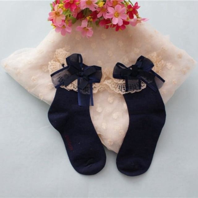 Navy Blue Ruffled Ribbon Silk Ankle Socks Princess Cute Kawaii 