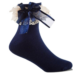 Navy Blue Ruffled Ribbon Silk Ankle Socks Princess Cute Kawaii 