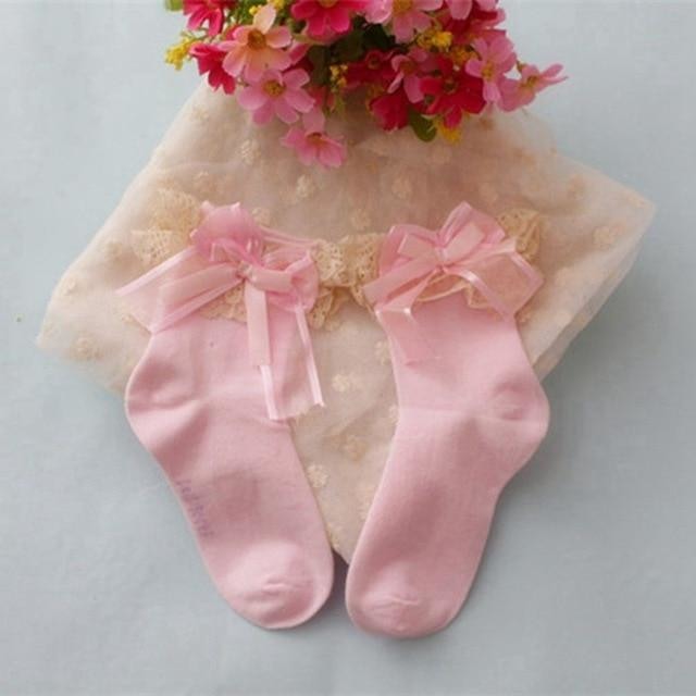 Pink Ruffled Ribbon Silk Ankle Socks Princess Cute Kawaii 