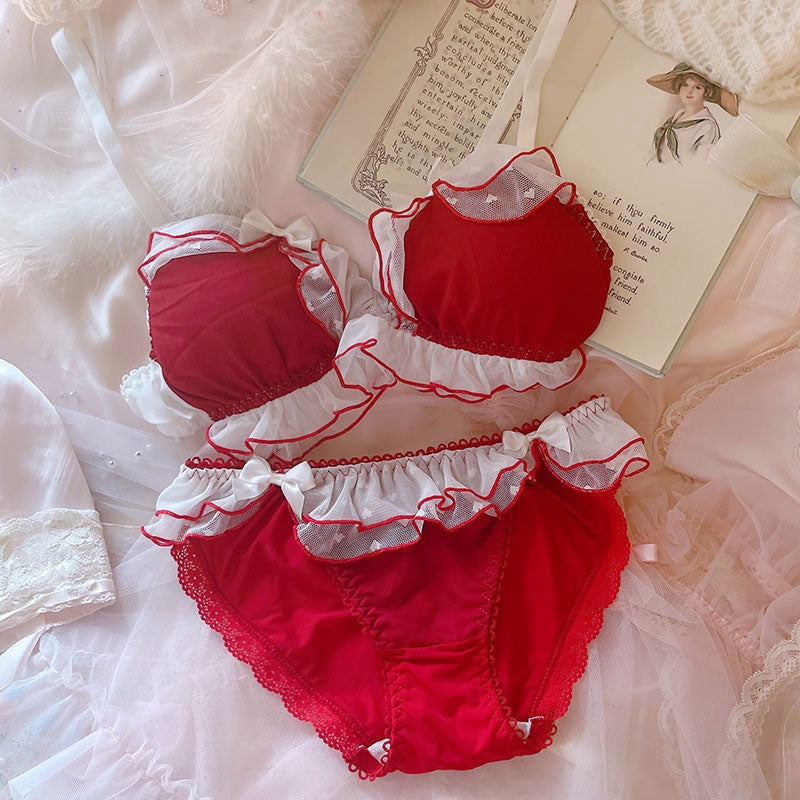Soft Chiffon Princess Lingerie Set - Red Ruffles / L - angelcore, dollette, ethereal, fairycore, kawaii lingerie