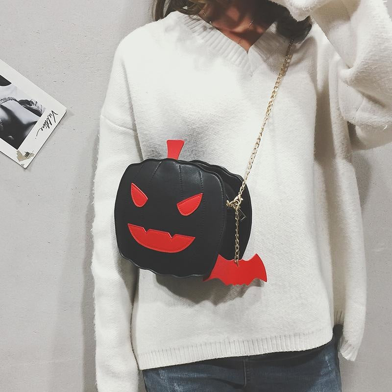 Black Spooky Pumpkin Halloween Purse Handbag Creepy Cute Gothic Bag With Bat Keychain