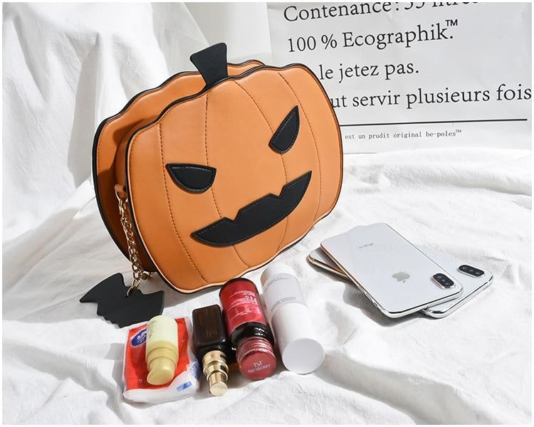 Orange Spooky Pumpkin Halloween Purse Handbag Creepy Cute Gothic Bag With Bat Keychain