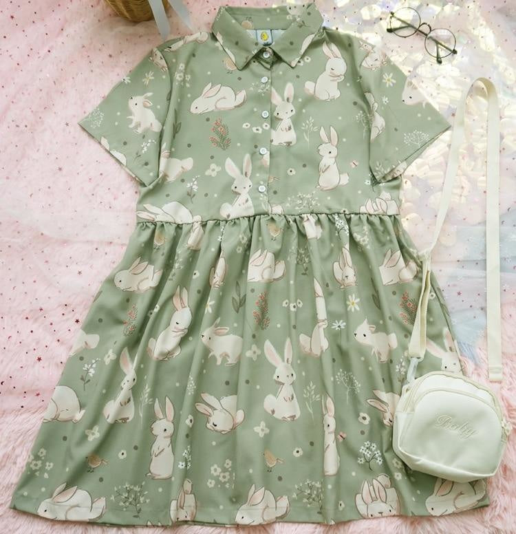 Spring Bunny School Girl Dress - Green - baby bun, bunnies, bunny rabbit, dresses, flower