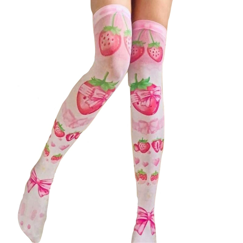 Sweet Lolita Strawberry Stockings Thigh Highs Knee High Socks Kawaii Cute Pink