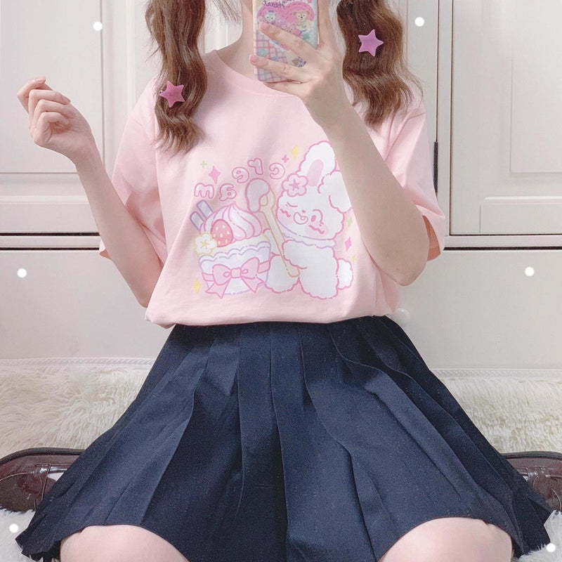 Strawberry Icecream Bunny Tee - Pink / S - anime, blouse, blouses, fairy kei, graphic tee