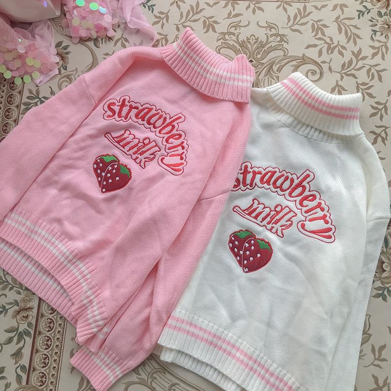 Strawberry Milk Knit Sweater - embroidered, embroidery, fairy kei, harajuku, kawaii