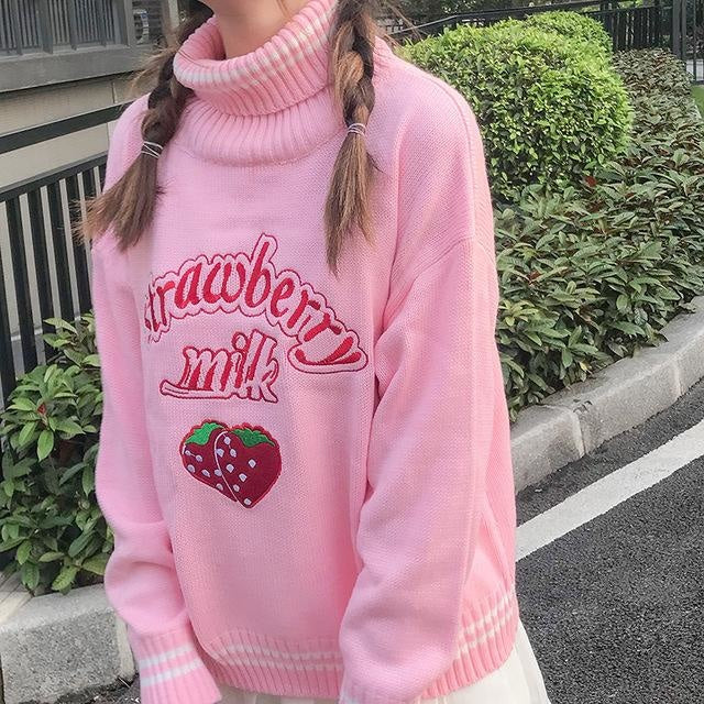 Strawberry Milk Knit Sweater - Pink Sweater - turtleneck