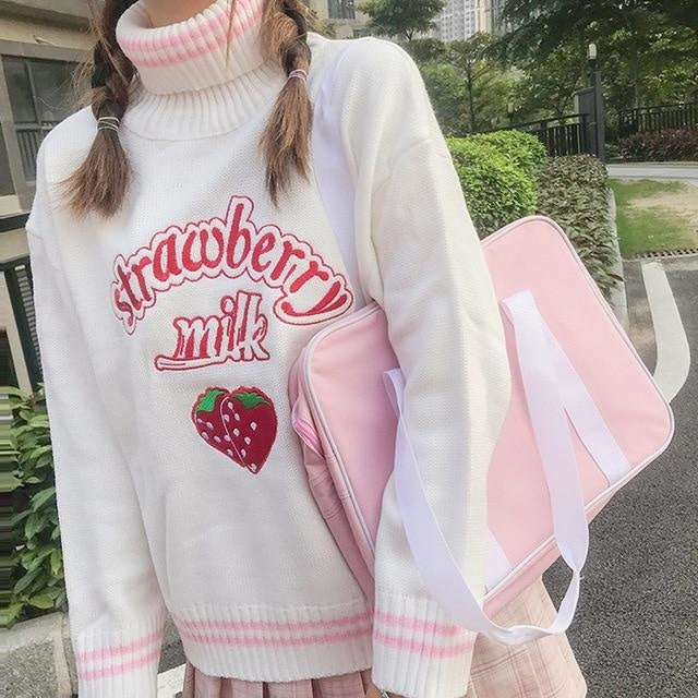 Strawberry Milk Knit Sweater - White Sweater - turtleneck