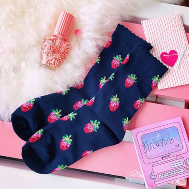 Strawberry Milk Socks - Navy Dainty Berry - Socks