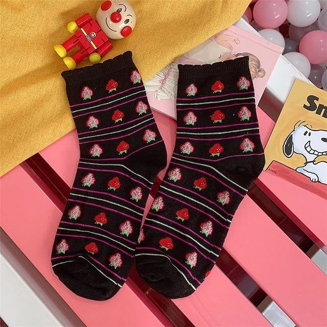 Strawberry Milk Socks - Striped Black - Socks