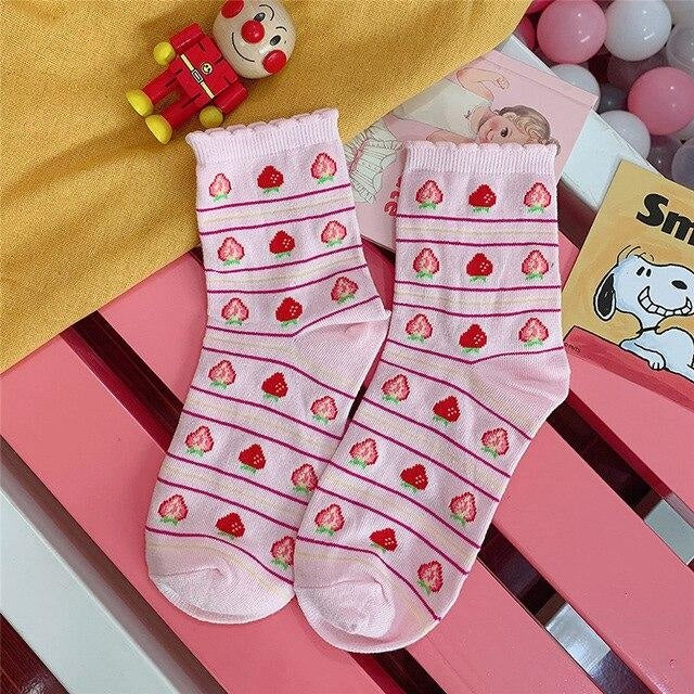 Strawberry Milk Socks - Striped Pink - Socks