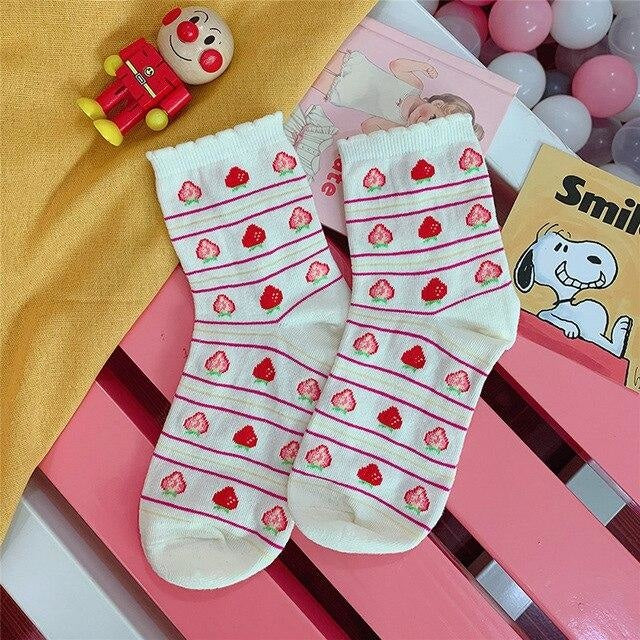 Strawberry Milk Socks - Striped White - Socks
