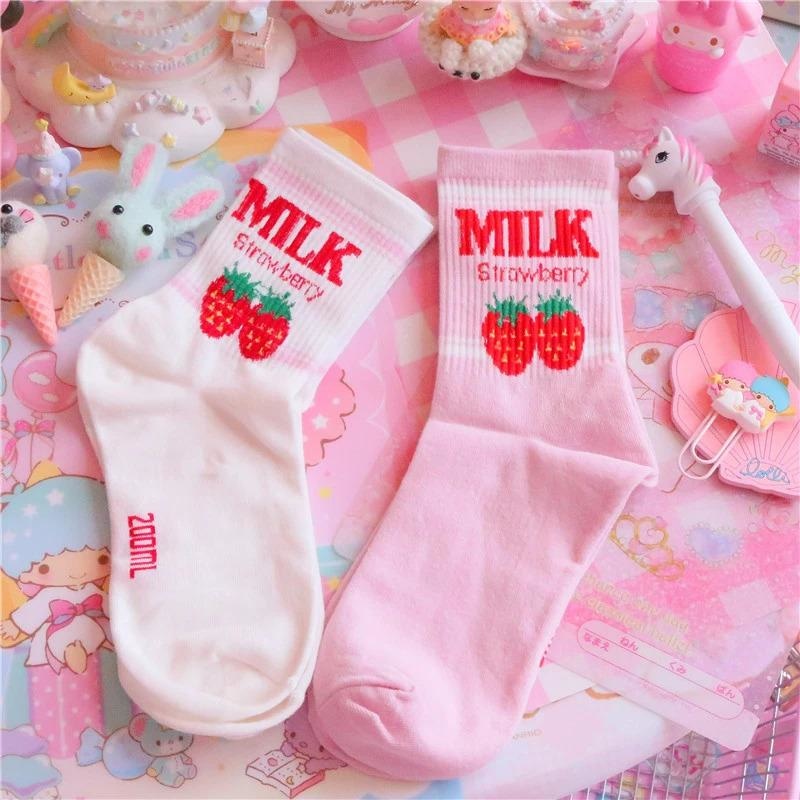 Strawberry Milk Socks - White - age regression, ankle socks, fruit, harajuku, harajuku backpack