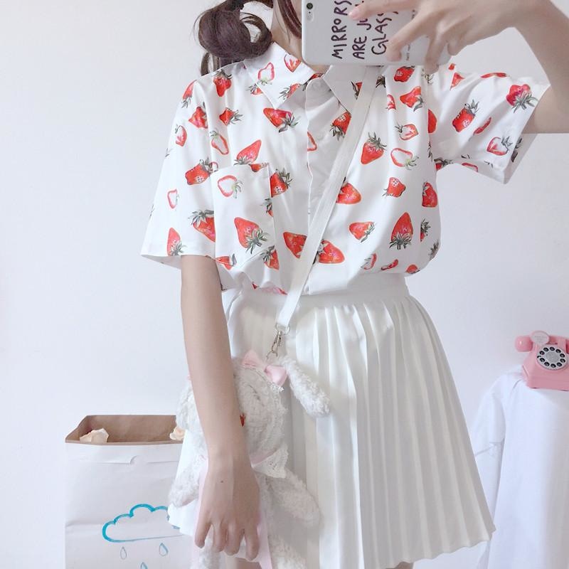 White Red Strawberry Button Up Blouse Short Sleeve Top T-shirt Kawaii Cute K-Pop Harajuku Fashion