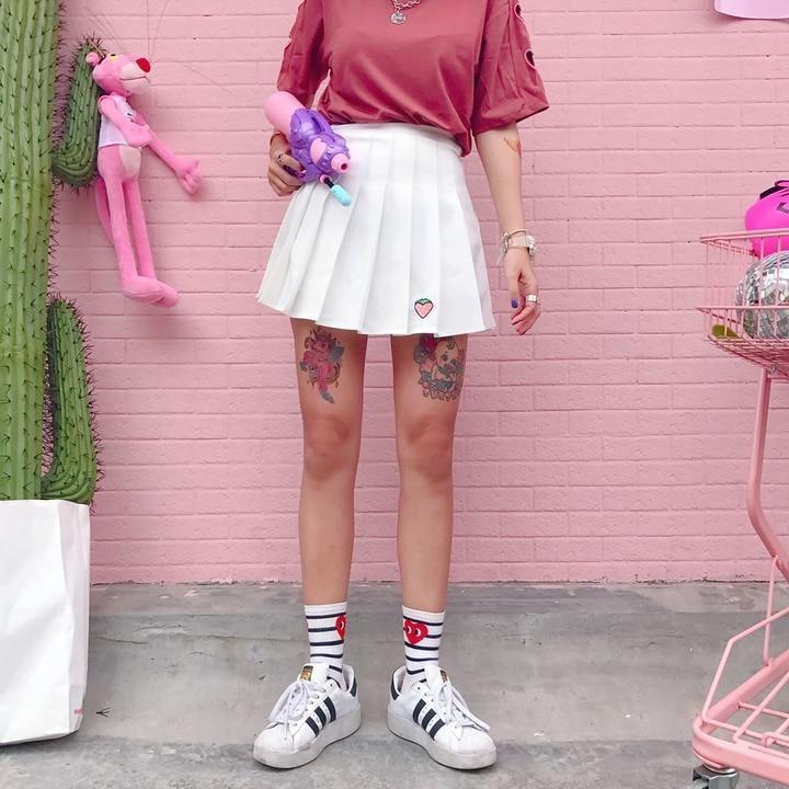 White Strawberry Tennis Skirt Pleated School Girl Skirts Harajuku Kawaii Japan Fashion