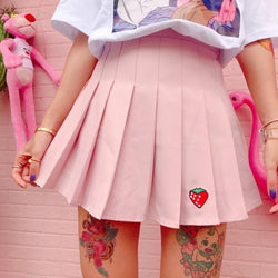 Pink Strawberry Tennis Skirt Pleated School Girl Skirts Harajuku Kawaii Japan Fashion 