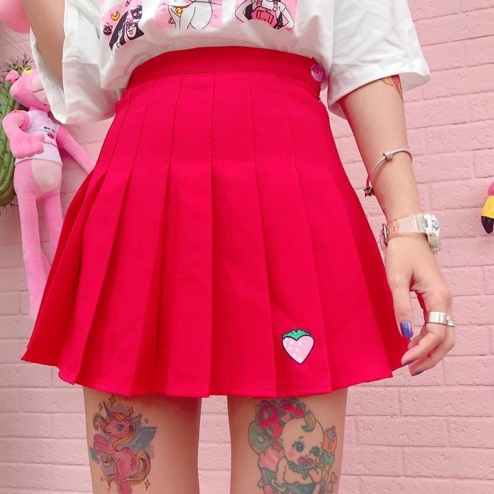Red Strawberry Tennis Skirt Pleated School Girl Skirts Harajuku Kawaii Japan Fashion