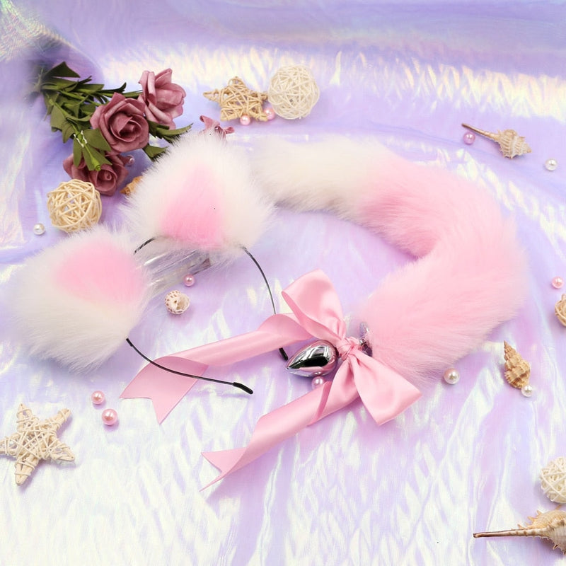 Striped Fluffy Fox Play Set - White/Pink - cat tail, fox play set, puppy tail plug