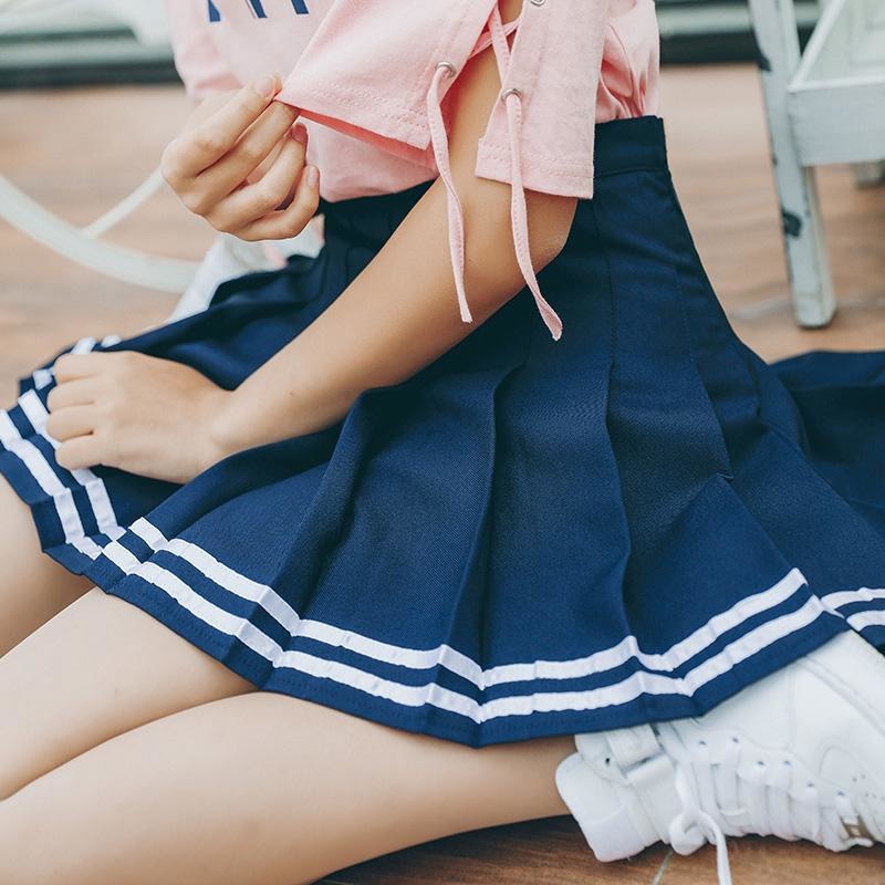 Striped School Girl Tennis Skirt Pleated Blue Cute Kawaii Harajuku Fashion