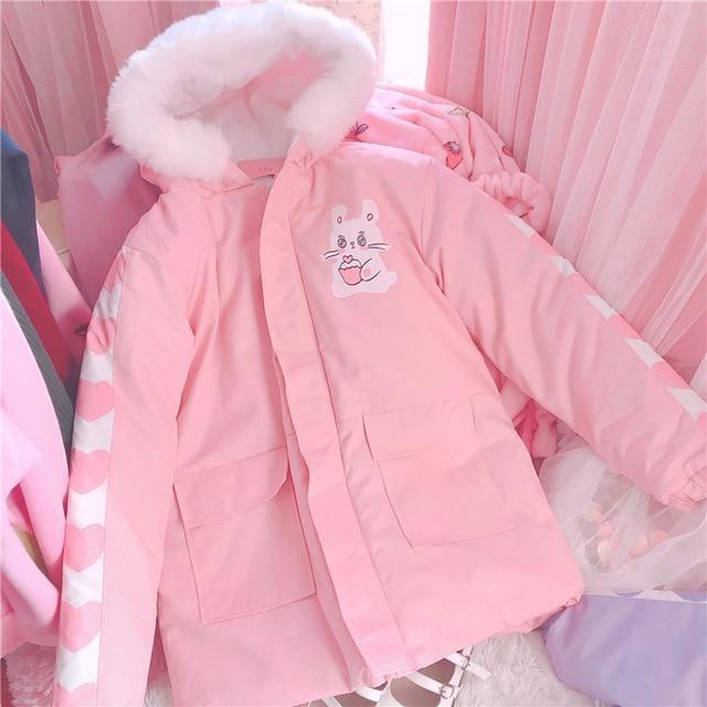 Pastel Pink Bunny Rabbit Cafe Winter Coat Windbreaker Jacket Fairy Kei Kawaii Fashion