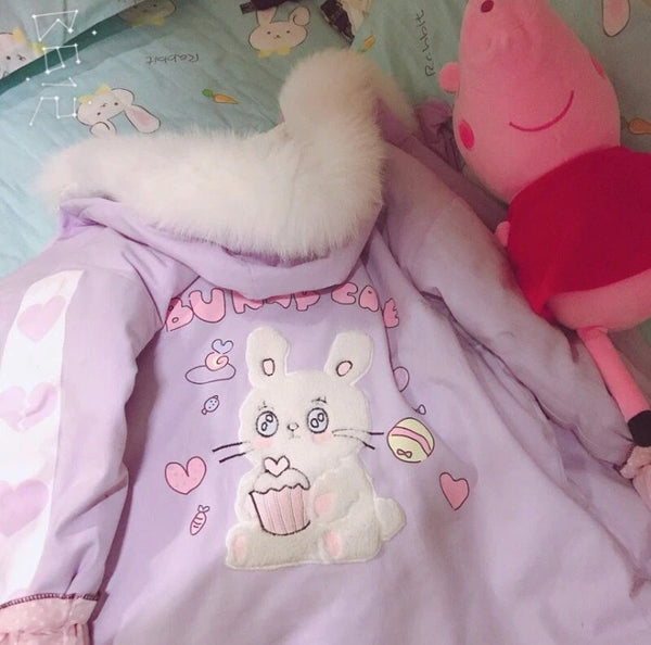 Sweet Bunny Cake Winter Coat - Lavender / M - bomber jacket, bunny rabbit, coats, fairy kei, faux fur