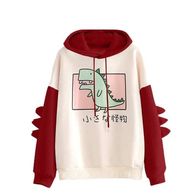 Sweet Japanese Dino Hoodie - Maroon Red / M - dinosaurs, harajuku, hood, hooded, hoodie