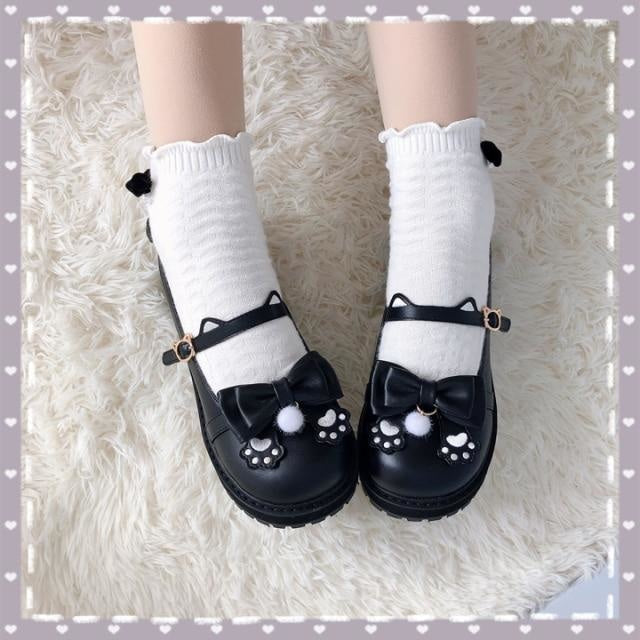 Sweet Lolita Paw Maryjanes - Black / 3 - embroidered, embroidery, loafers, lolita, lolita heels
