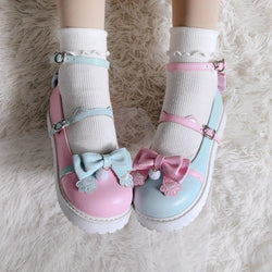 Sweet Lolita Paw Maryjanes - Pink/Blue / 7 - embroidered, embroidery, loafers, lolita, lolita heels