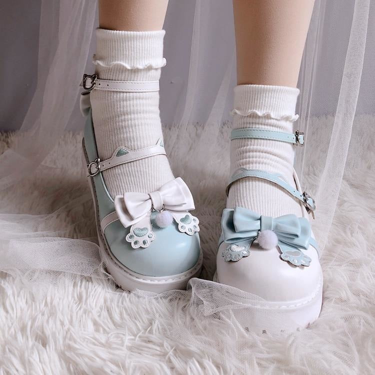 Sweet Lolita Paw Maryjanes - White/Blue / 5 - embroidered, embroidery, loafers, lolita, lolita heels