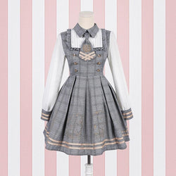 Grey Student Lolita Dress Costume Cosplay Mori Girl Kawaii Japan Fashion Tartan Plaid