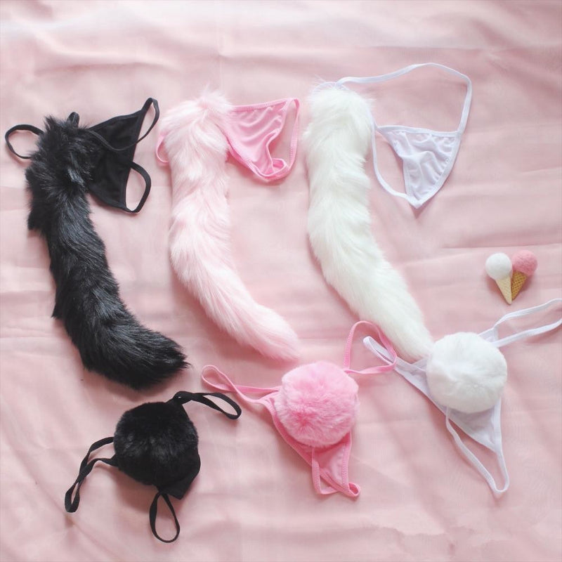 Kawaii Pink Fox Tail Thong Underwear Bunny Rabbit Panties Pet Play Kink Lingerie