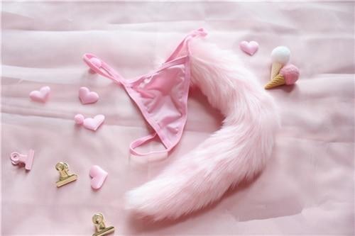 Kawaii Pink Fox Tail Thong Underwear Bunny Rabbit Panties Pet Play Kink Lingerie