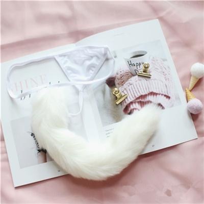 Kawaii White Fox Tail Thong Underwear Bunny Rabbit Panties Pet Play Kink Lingerie