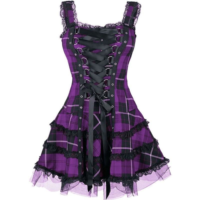 Tartan Pinup Dress - Purple / XXXL - dress, dresses, goth, gothic, occult