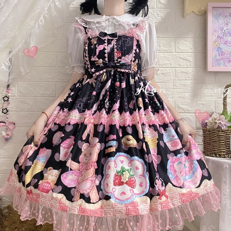 Teddy Bear Bakery Lolita Dress - Black - baked, baked goods, bakery, cupcakes, dress