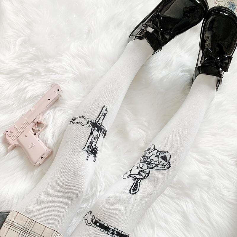 Teddy Bear Blade Lolita Stockings - bear, blade, creepy cute, gothic lolita, knife
