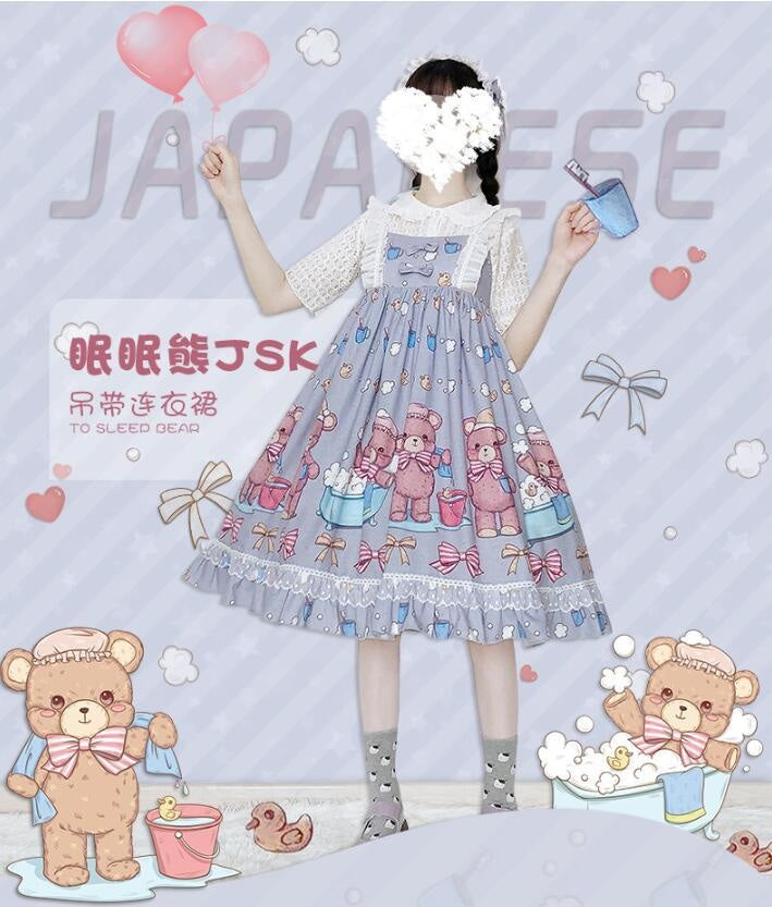 Blue Teddy Bear Sweet Lolita Dress JSK Harajuku Kawaii Fashion
