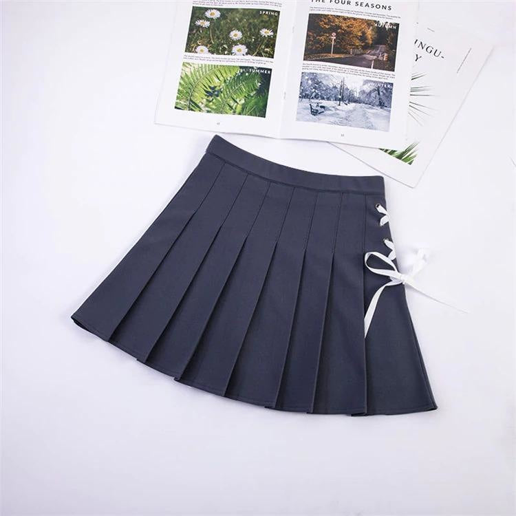 Tie Up Ribbon Skirt - Dark Grey / XL - bottoms, bows, corset, lace up, laces