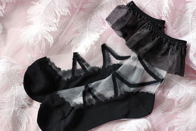 Kawaii Black Transparent Lace Ruffled Socks Ankle Stockings Lolita Fashion