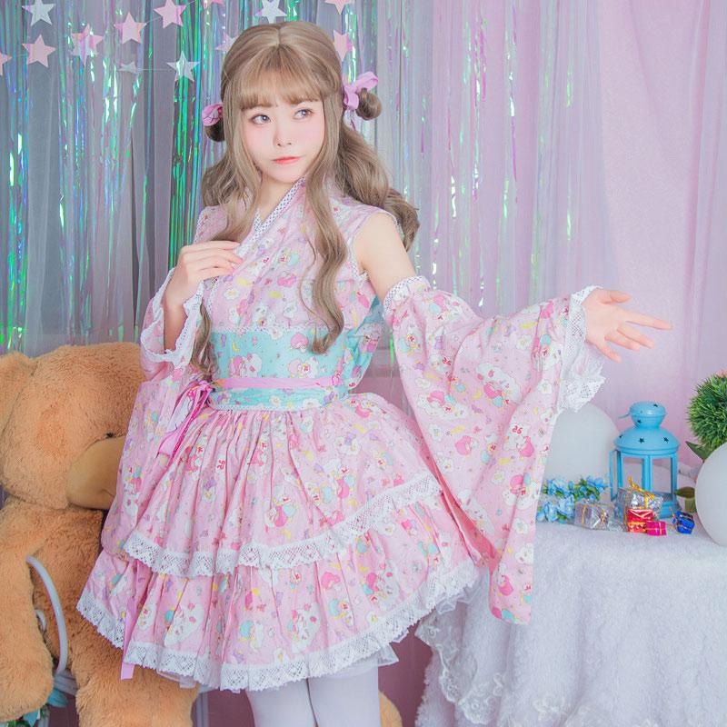 Twin Star Kimono Dress - Pink / XXXL - chinese, classic lolita, fairy kei, japan, japanese