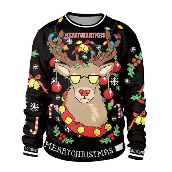 Ugly Christmas Sweaters - M / Black Reindeer - christmas sweaters, crewneck sweater, crewnecks, festive, holiday