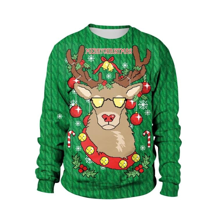 Ugly Christmas Sweaters - M / Green Reindeer - christmas sweaters, crewneck sweater, crewnecks, festive, holiday