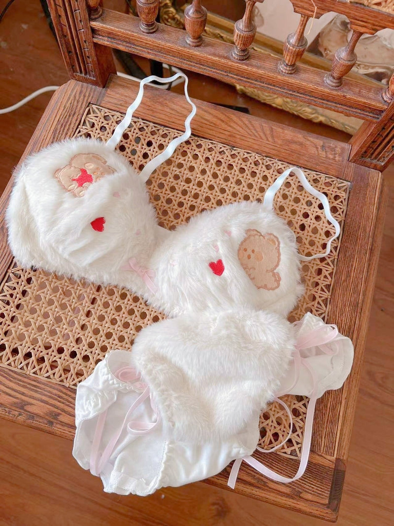 Valentine Fuzzy Bear Lingerie Set - bra, bralette, bras, embroidered, fur