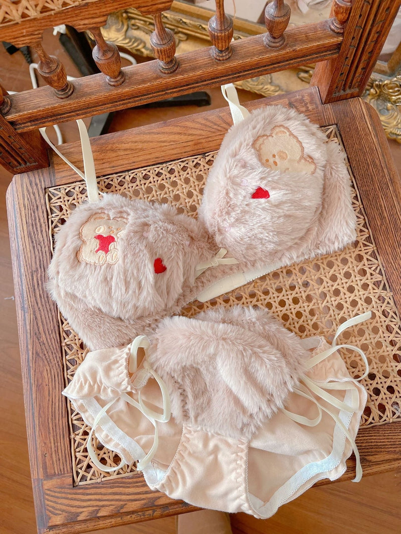 Valentine Fuzzy Bear Lingerie Set - Khaki / XL - bra, bralette, bras, embroidered, fur