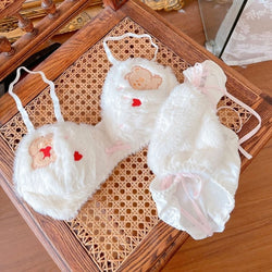 Valentine Fuzzy Bear Lingerie Set - White / L - bra, bralette, bras, embroidered, fur
