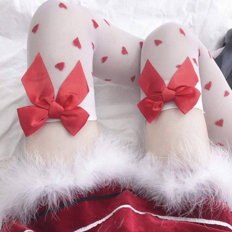 My Valentine Stockings - bow, bows, hearts, lovecore, red