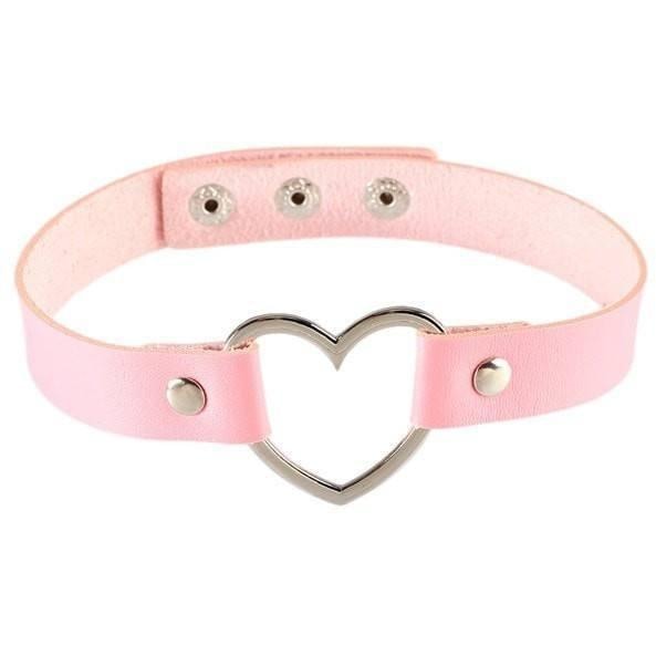 Kawaii Pink Heart Choker Collar Vegan Leather Bondage Leash Kink 