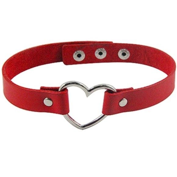 Kawaii Red Heart Choker Collar Vegan Leather Bondage Leash Kink 